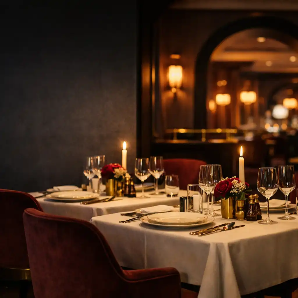 Kameralne wnętrze restauracji z nakrytymi stolikami i ciepłym światłem
