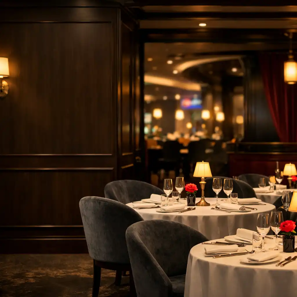 Kameralne wnętrze restauracji z elegancko nakrytymi stołami