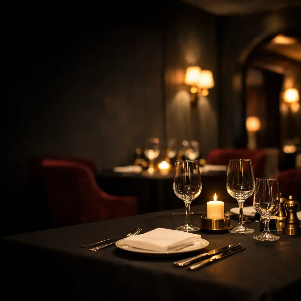 Ciepło oświetlone wnętrze restauracji z elegancko nakrytym stołem