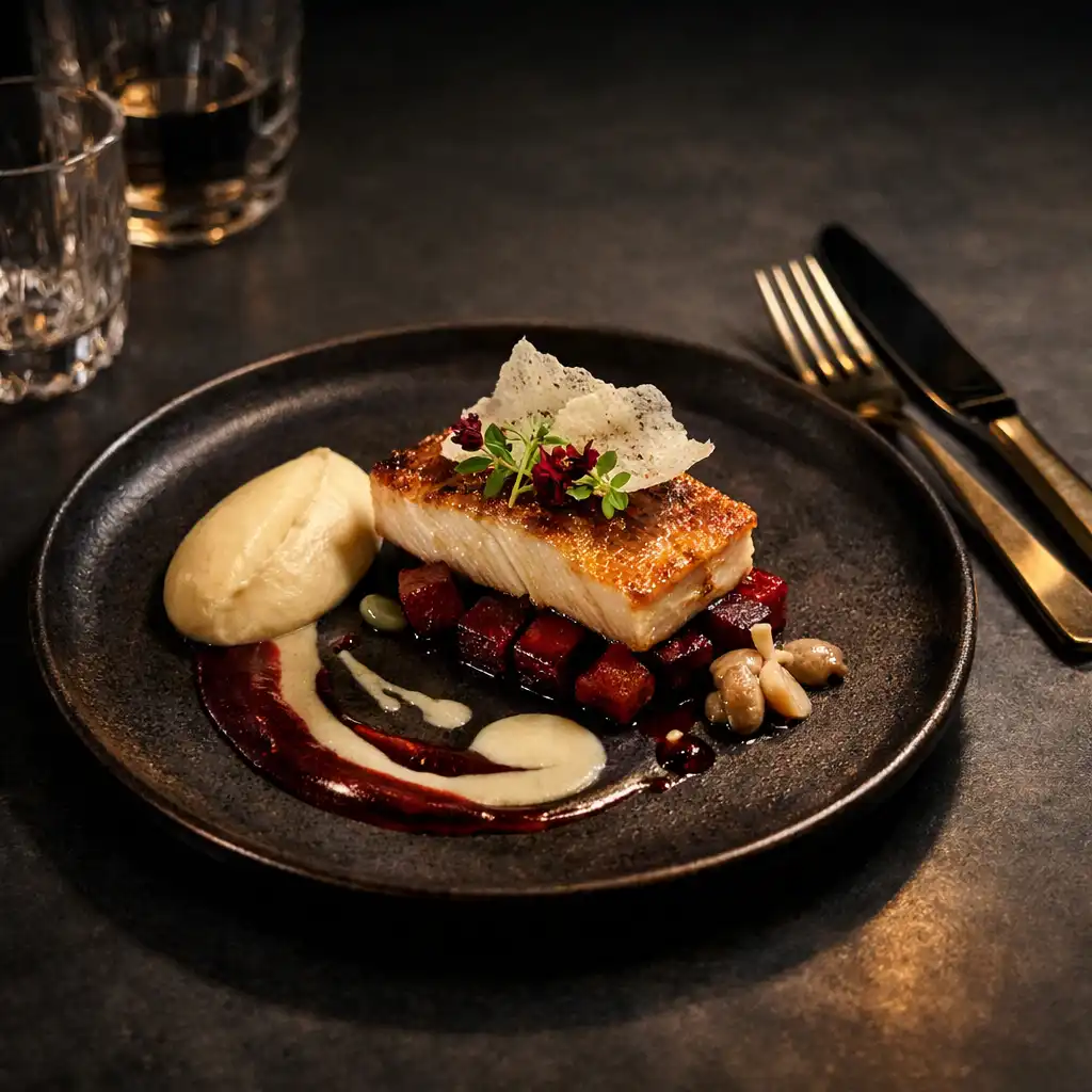 Autorskie danie fine dining na ciemnej ceramicznej zastawie