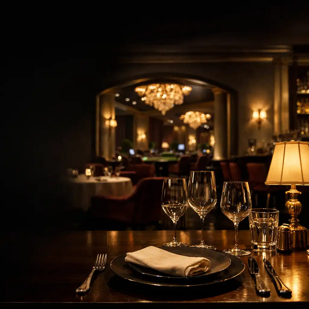 Nakryty stół w eleganckiej restauracji przy dyskretnym przejściu do sali gier