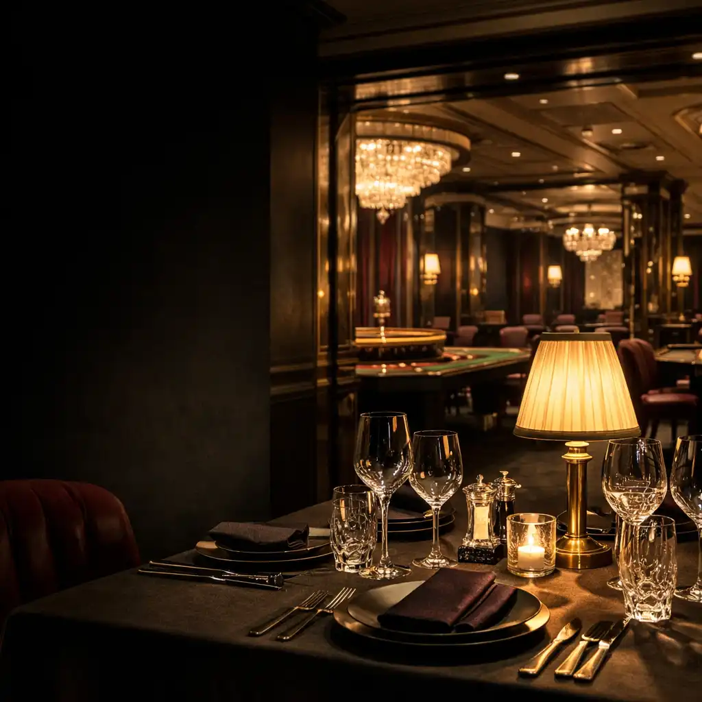 Elegancko nakryty stół w nastrojowym wnętrzu restauracji przy kasynie