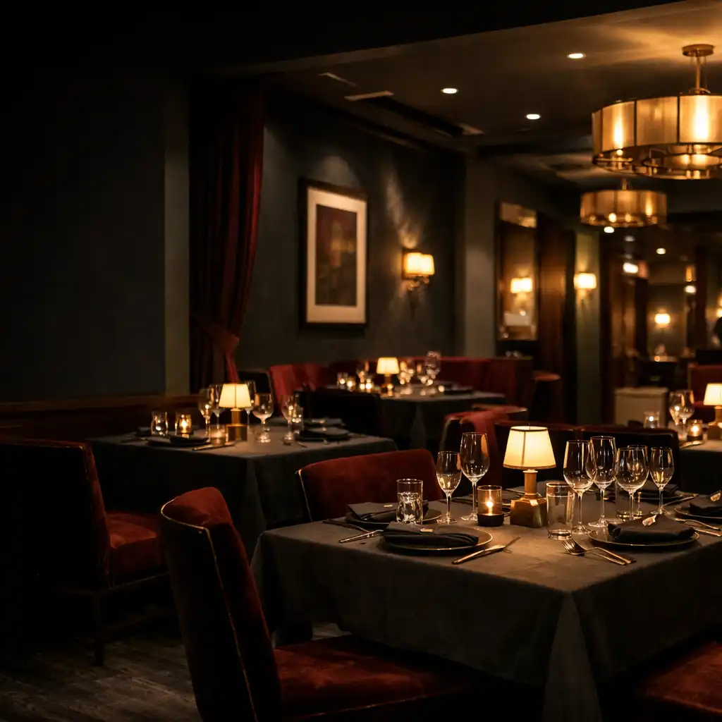 Wieczorne wnętrze restauracji z nakrytymi stolikami i ciepłym światłem