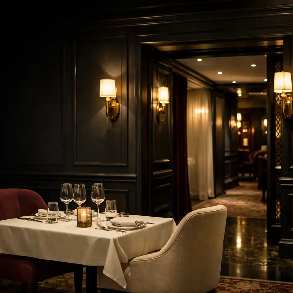 Kameralne wejście do części restauracyjnej z nakrytym stolikiem