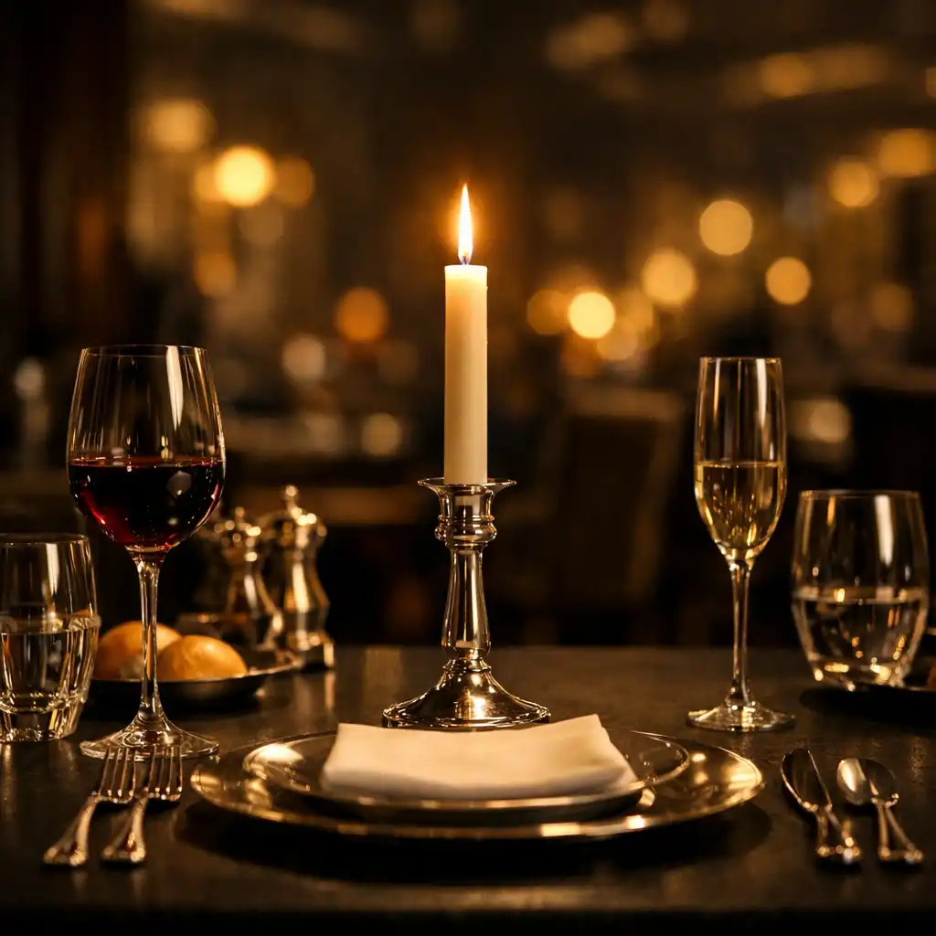 Nakryty świecą stół w nastrojowym wnętrzu restauracji