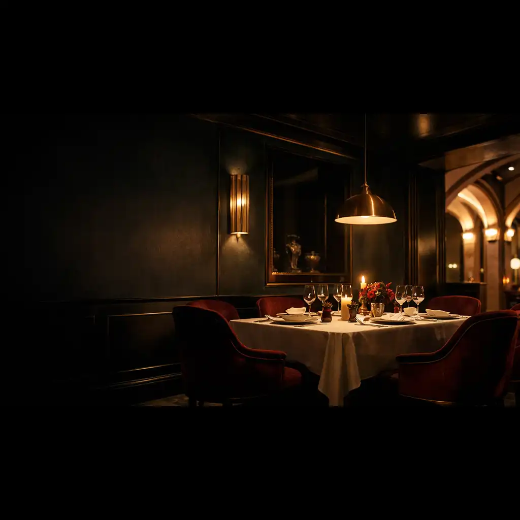 Elegancko nakryty prywatny stół w ciemnym wnętrzu restauracji VIP